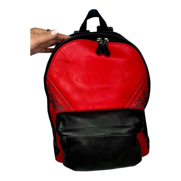 Coach Charles Leather Red and Black Backpack Bandana Design